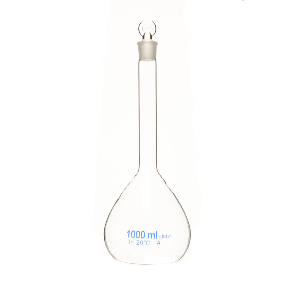 Колба мерная, 1000 мл, светлое боросиликатное стекло, пробка пластик