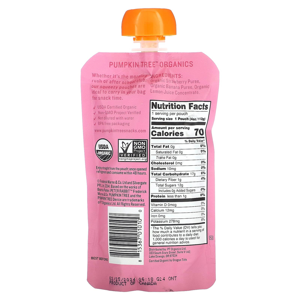 Pumpkin Tree Organics, Peter Rabbit Organics, органическое фруктовое пюре, клубника и банан, 113 г (4 унции)
