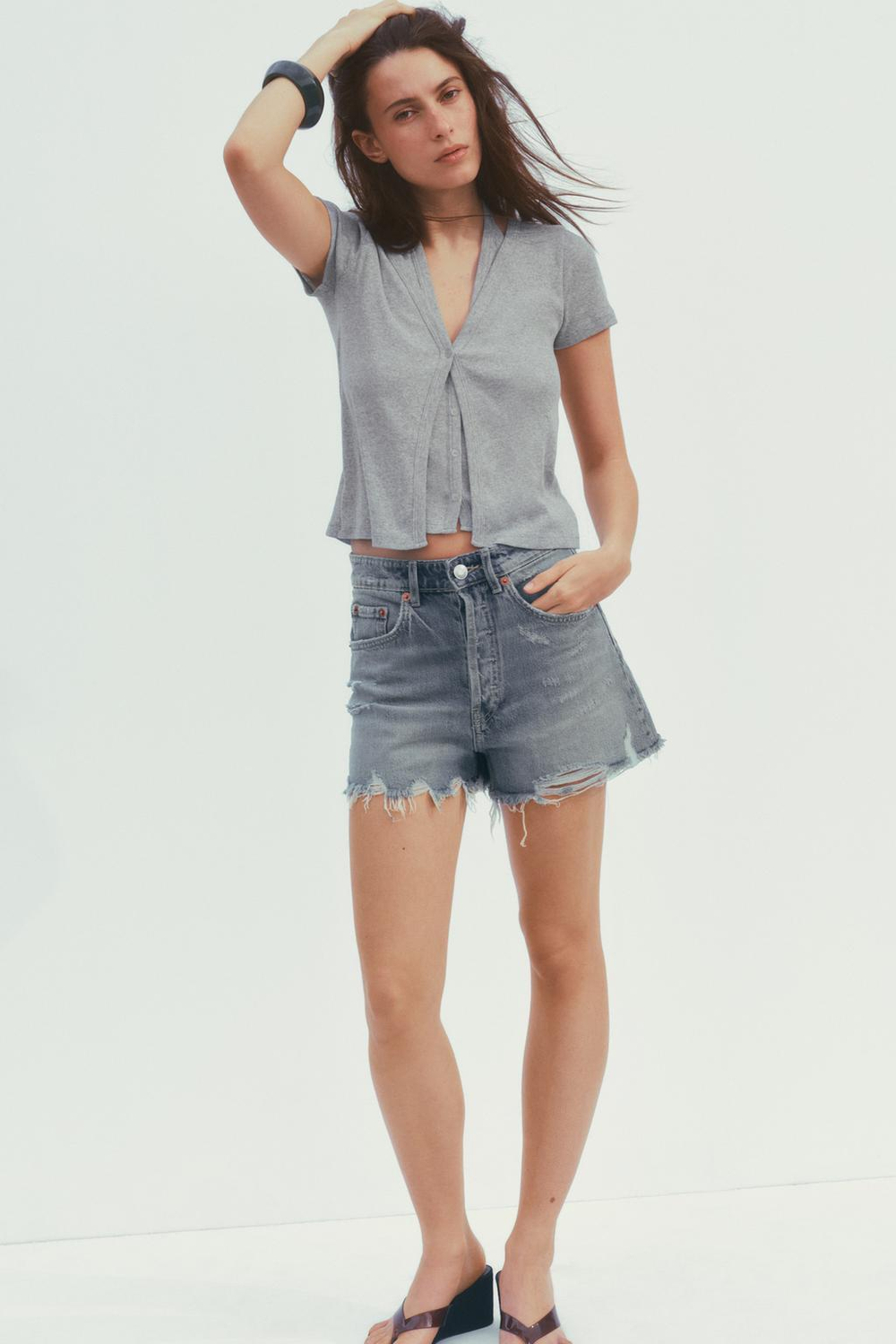 ZARA ДВУХСЛОЙНЫЙ ТОП С ГОРЛОВИНОЙ ХАЛТЕР, СЕРЫЙ С МЕЛАНЖЕВЫМ ЭФФЕКТОМ