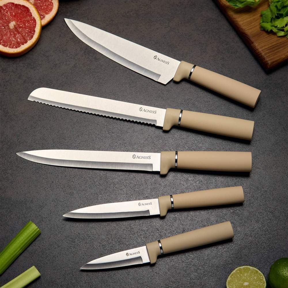 Набор ножей 10 предметов: 5 ножей, 4 доски, подставка. Цвет бежевый