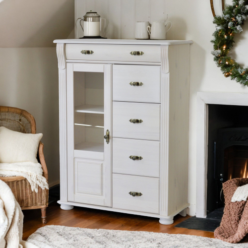 Комод деревянный Сюзанна 91х42х125 см, белый комод из массива сосны с 5-ю ящиками и дверью