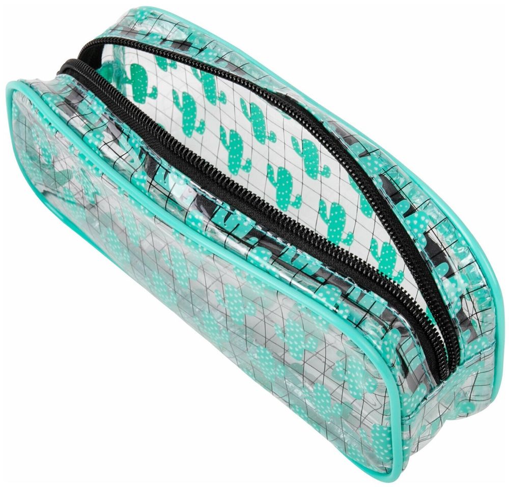 Пенал-косметичка BRAUBERG LUCENT на молнии, прозрачный, "Cactus", 21х5х9 см, 270053