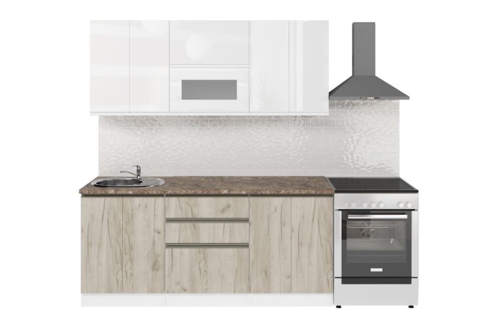 Кухонный гарнитур Антика базис 2400 мм (Белый глянец/Дуб браун, Аламбра темная)