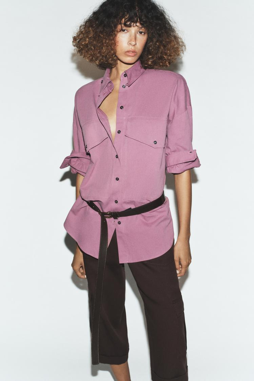 ZARA РУБАШКА ОВЕРСАЙЗ С ВОРОТНИКОМ-СТОЙКОЙ, ЦВЕТ МАЛЬВЫ