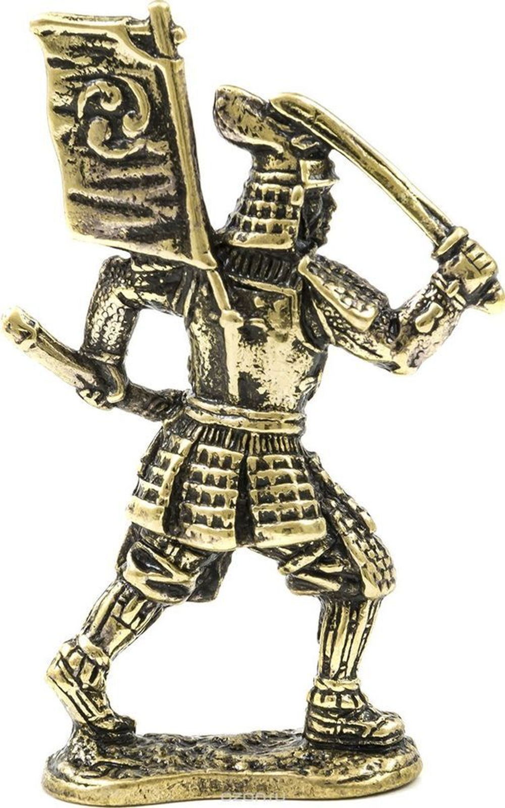 Фигурка Самураи "Самурай с мечом и флагом" латунь. Игрушка литая металлическая 54 мм (1:32)