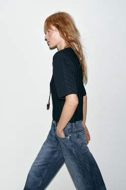 ZARA ТОП В РУБЧИК С ОБЪЕМНЫМИ РУКАВАМИ, МОРСКОЙ СИНИЙ