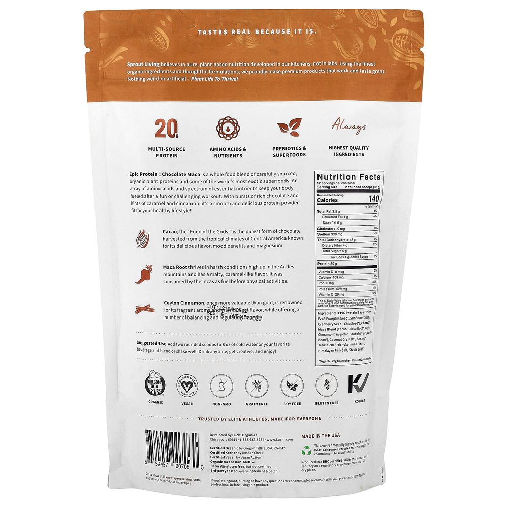 Sprout Living, Epic Protein, органический растительный протеин и суперпродукты, шоколад и мака, 455 г (1 фунт)