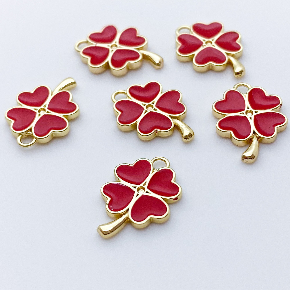 Подвеска Клевер, цвет золото+красный, размер 17*11 мм, цена за 1 шт