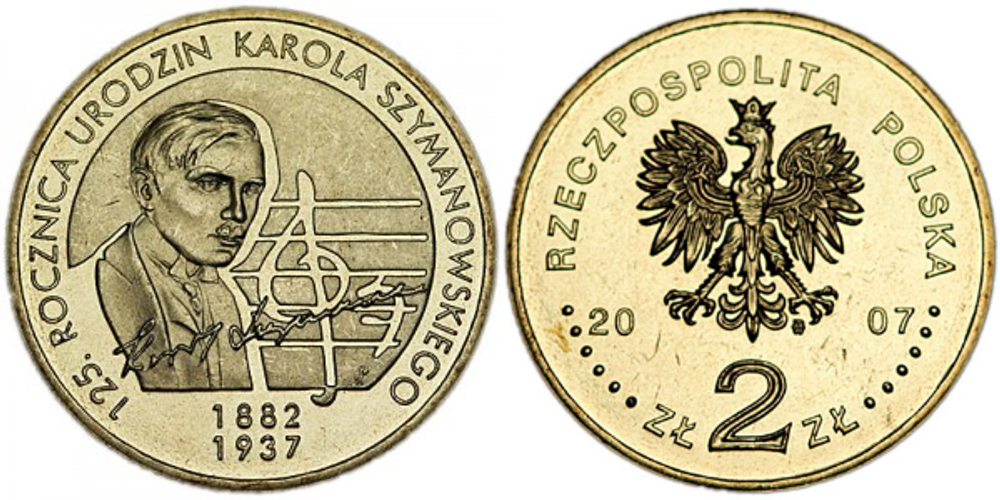 Польша 2 злотых, 2007 125 лет со дня рождения Кароля Шимановского aUNC