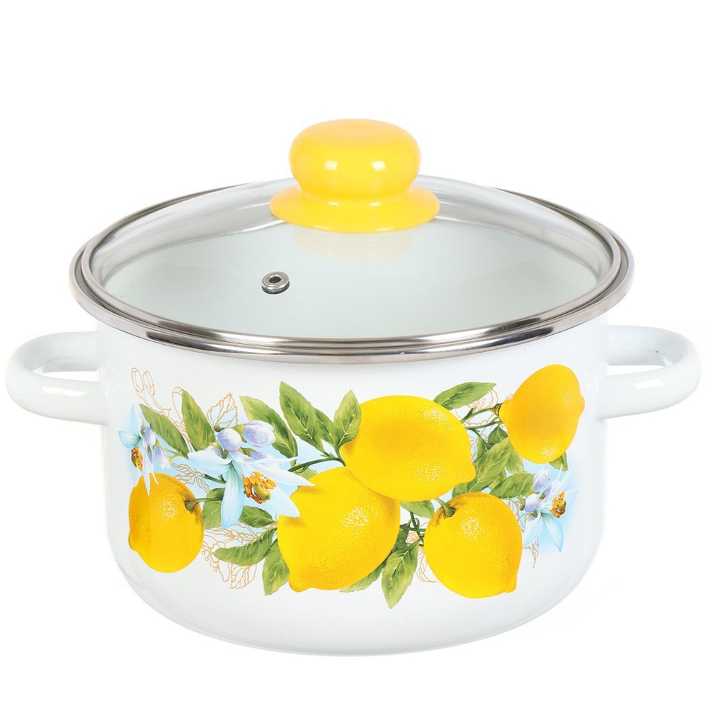 Кастрюля сталь, эмал, 3 л, с крыш, крышка стекло, Сиб товары, Лимоны, 1MD181S, индукц