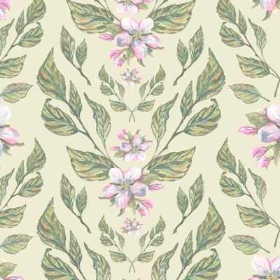 Розовые цветы и листья яблони на зеленом фоне