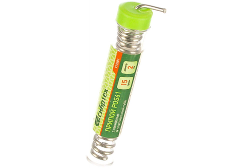 Припой с канифолью Сибртех D 2мм, 15 г, POS61, в пластмассовой тубе, 913381