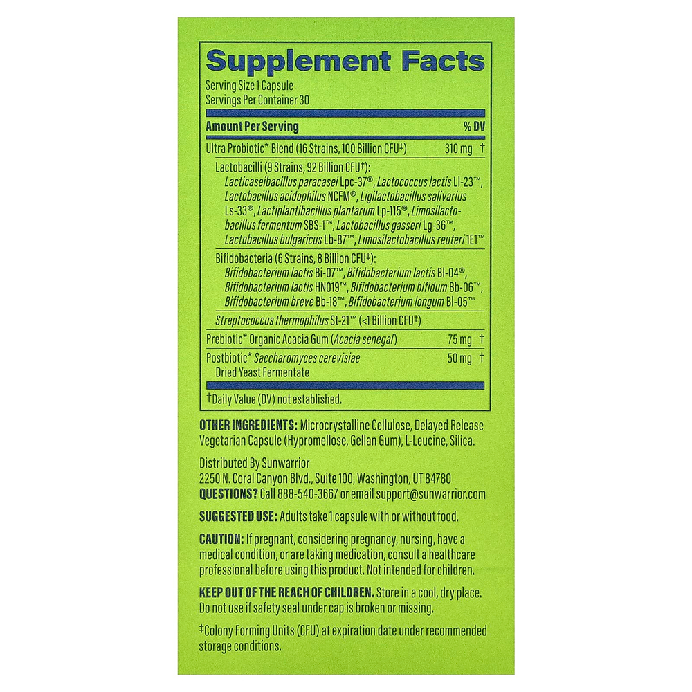 Sunwarrior, ультрапробиотик, 30 вегетарианских капсул