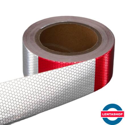 Бело-красная светоотражающая лента пунктирная 5 см х 5 метров