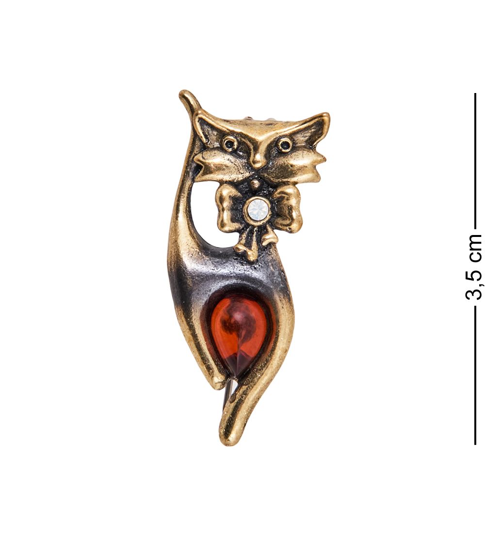 AM-3882 Брошь «Котик с бантом» (латунь, янтарь)