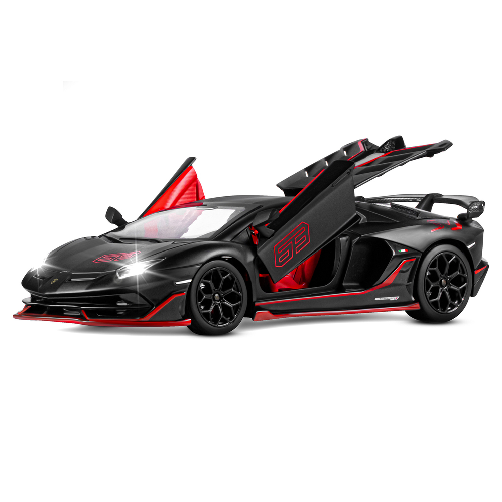 Модель 1:24,  Lamborghini SVJ, черный, открываются двери и багажник, свет, звук