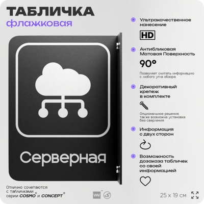 Табличка Серверная флажковая на стену, двусторонняя с крепежом, 19 х 25 см, для офиса, кафе, ресторана, серия COSMO, Айдентика Технолоджи