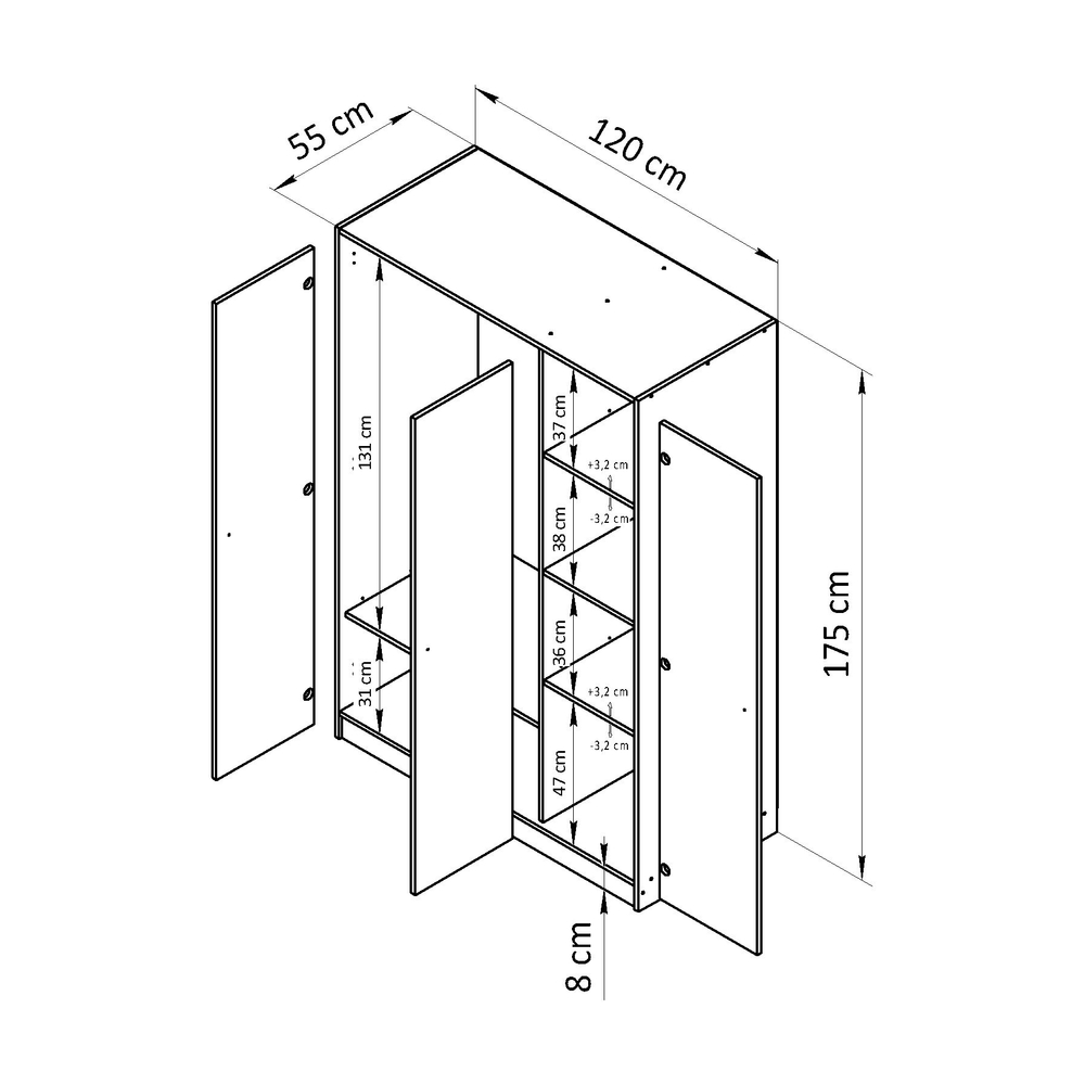 Шкаф 120х55х175, Марм, распашной, для одежды, в прихожую, ванную, белый, Dipriz