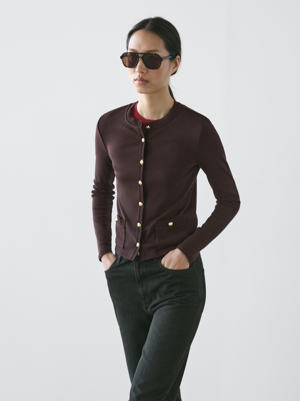 Massimo Dutti Вязаный кардиган с золотыми пуговицами, коричневый