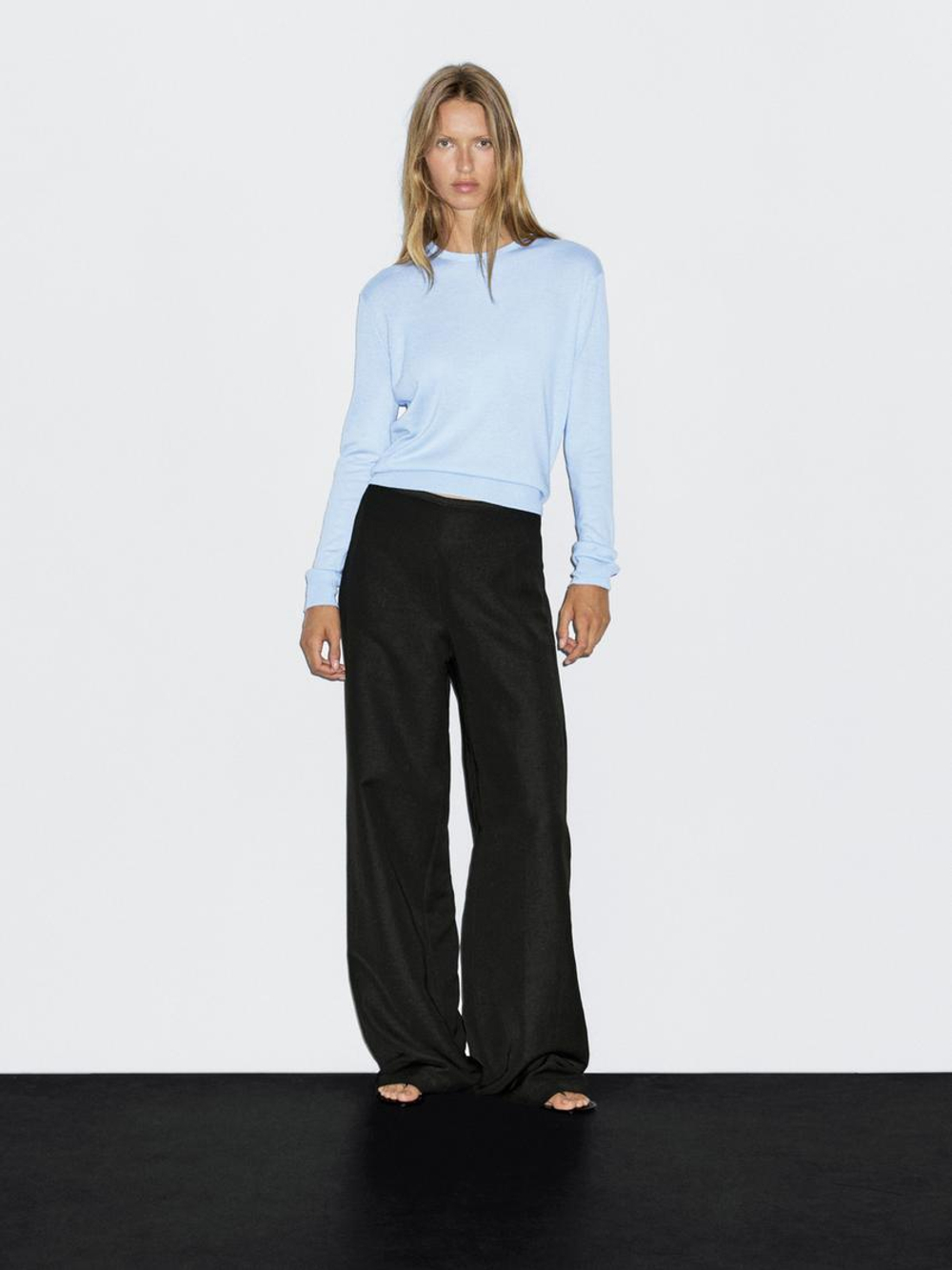 Massimo Dutti Свитер из смесовой шерсти с круглым вырезом, небесно-голубой