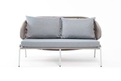 "Милан" диван 2-местный плетеный из роупа, каркас алюминий светло-серый (RAL7035) муар, роуп серый меланж круглый, ткань светло-серая