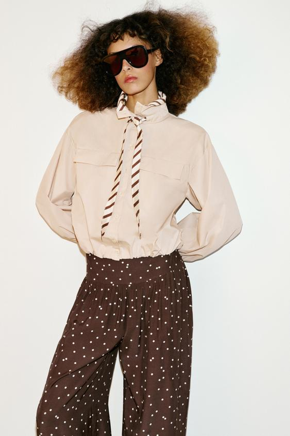 ZARA ШИРОКИЕ БРЮКИ В ГОРОШЕК, КОРИЧНЕВЫЙ/ЭКРЮ