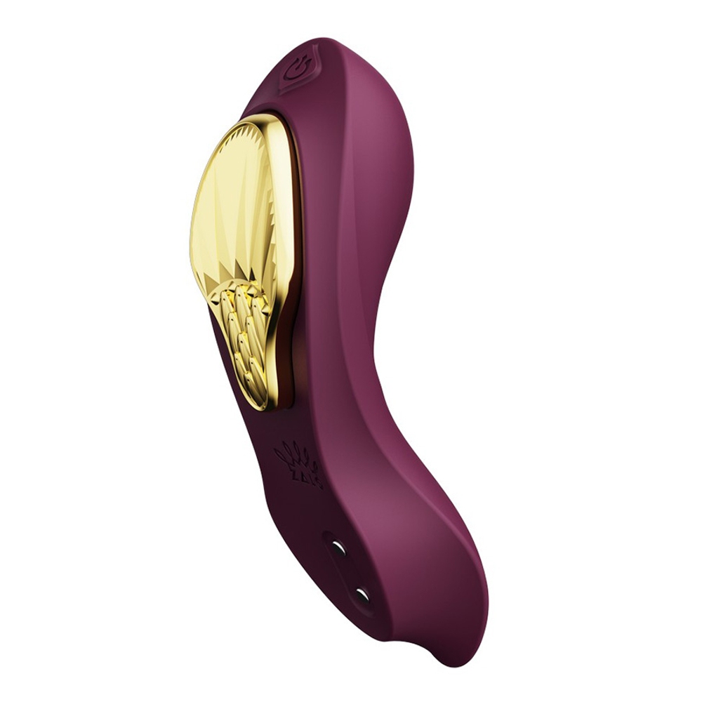 Фиолетовый вибромассажёр в трусики 8,5см с насадкой и пультом ДУ + управление через приложение Zalo Aya Wearable Vibrator Velvet Purple