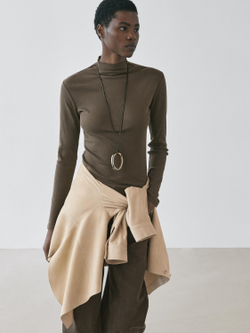 Massimo Dutti Хлопковая футболка в рубчик с длинными рукавами, кофейный