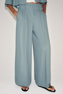 ZARA БРЮКИ С ЗАЩИПАМИ И ЛЬНОМ — ZW COLLECTION, СЕРО-СИНИЙ