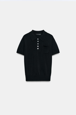 ZARA ТРИКОТАЖНОЕ ПОЛО С КОРОТКИМИ РУКАВАМИ, ЧЕРНЫЙ