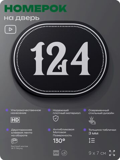Номерок на дверь квартиры 124, для кабинета, офиса, шильдик 9 х 7 см, черный, Айдентика Технолоджи