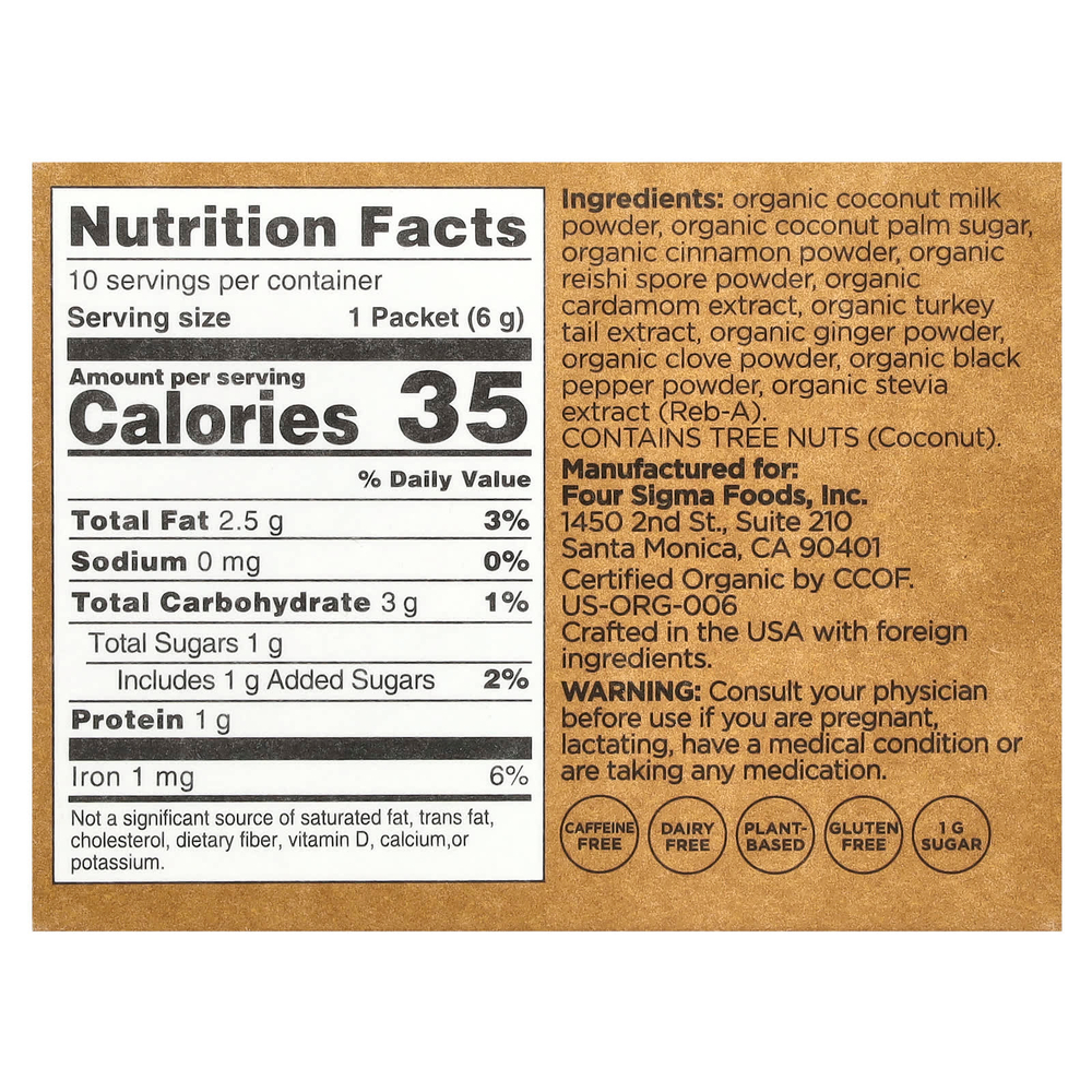 Four Sigmatic, Calm, смесь для приготовления органического латте с грибами рейши, без кофеина, 10 пакетиков по 6 г (0,21 унции)