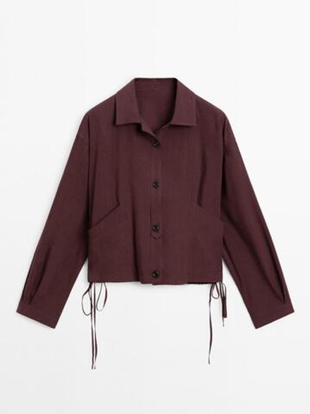 Massimo Dutti Куртка-бомбер из струящейся смесовой льняной ткани, бургундский