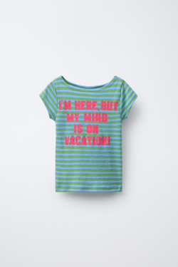 ZARA ФУТБОЛКА В ПОЛОСКУ С НАДПИСЬЮ, ЗЕЛЕНЫЙ