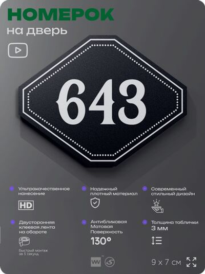 Номерок на дверь квартиры 643, для кабинета, офиса, шильдик 9 х 7 см, черный, Айдентика Технолоджи