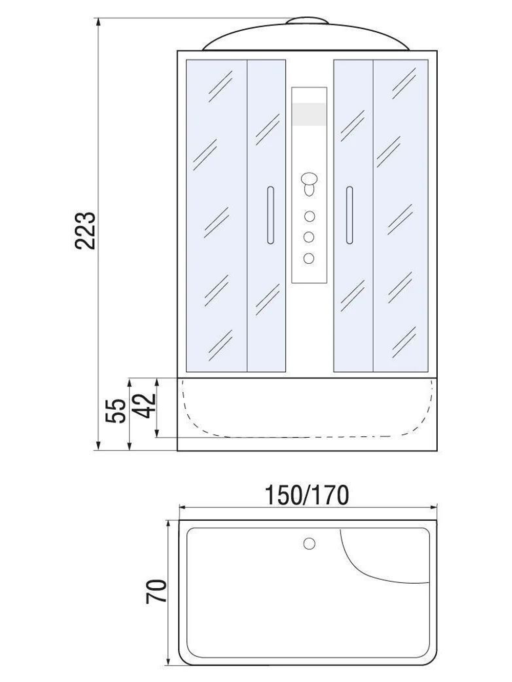 Душевая кабина RIVER  SENA 170/70/55 TH 170х70 см,  тонированное стекло, поддон высокий, радио, гидромассаж
