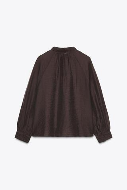 ZARA ПОЛУПРОЗРАЧНАЯ БЛУЗА С РУКАВАМИ-БУФАМИ, КОРИЧНЕВЫЙ