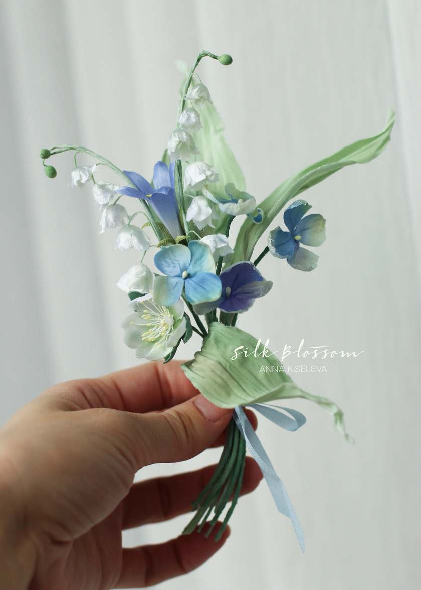 Брошь-булавка: весенняя бутоньерка с ландышами
