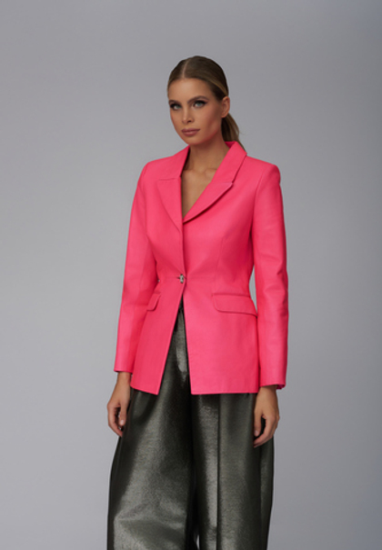 Женский розовый однобортный кожаный жакет
