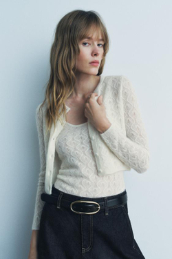 ZARA ТОП ИЗ ШЕРСТИ И АЛЬПАКИ С АЖУРНЫМ УЗОРОМ, БЕЛЫЙ