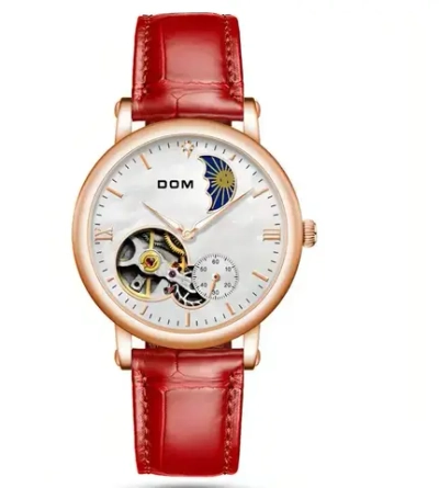 Часы наручные механические с автоподзаводом DOM на кожаном ремешке, черный/красный W10170-01