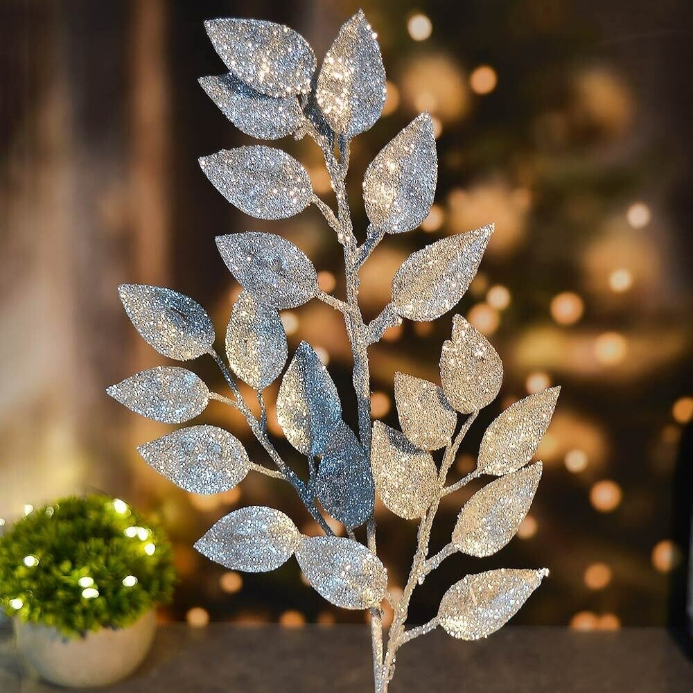 Украшение новогоднее "Ветка Волшебные листья" 50см, серебро