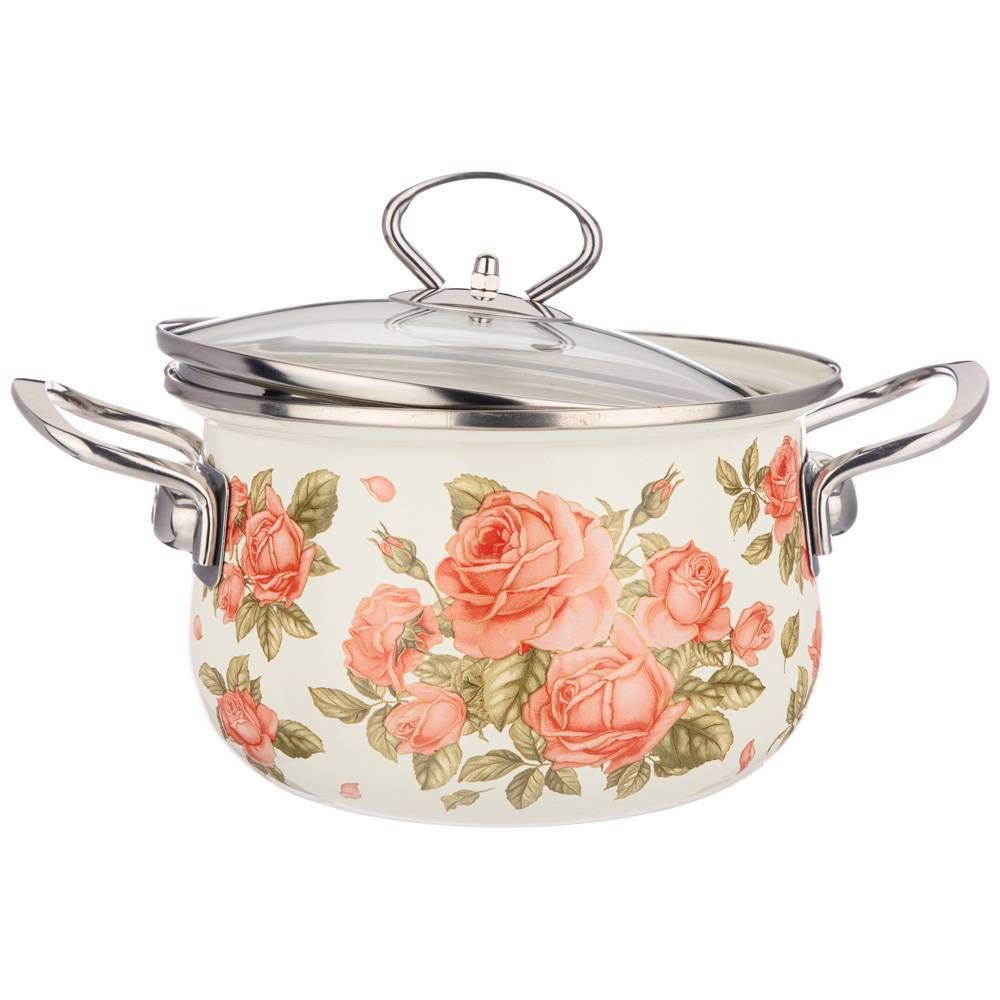 КАСТРЮЛЯ AGNESS ЭМАЛИРОВАННАЯ СО СТЕКЛ. КРЫШКОЙ СЕРИЯ "КОРЕЙСКАЯ РОЗА" 2.0 Л, 18*11 СМ