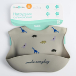 5385575 Нагрудник силиконовый, на кнопках, с карманом «Динозаврики», цвет серый