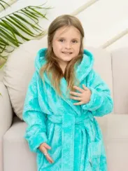 Халат детский велюровый жаккард с капюшоном EMILY Бирюзовый "Polens"