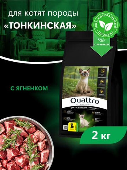 Корм сухой для котят породы Тонкинская, с ягненком, 2кг, QUATTRO