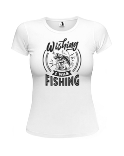 Футболка Wishing I was fishing женская приталенная белая с черным рисунком