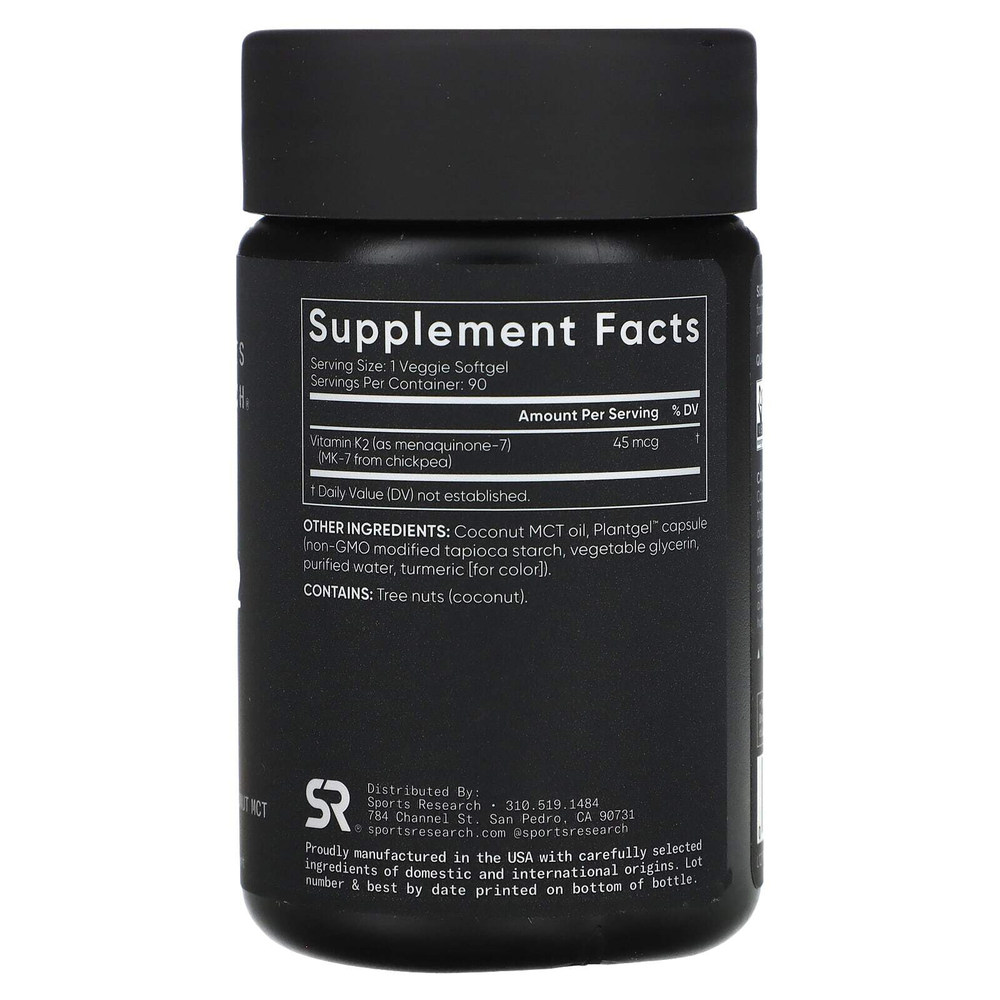 Sports Research, витамин K2, низкая доза, 45 мкг, 90 растительных капсул