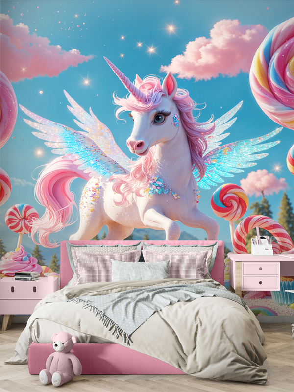 3D Фотообои для девочки облака и единорог