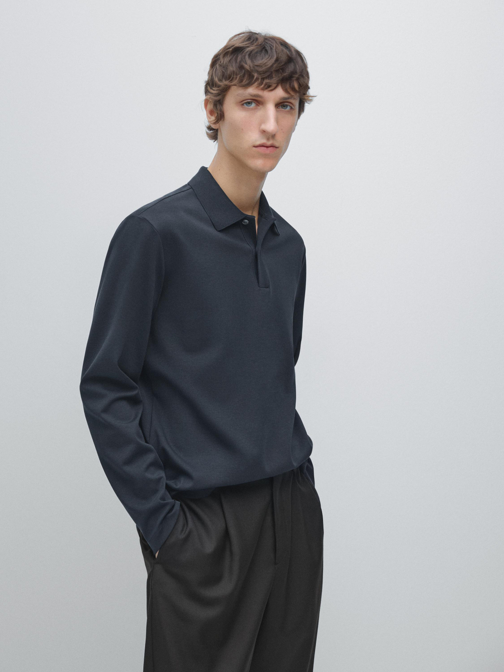 Massimo Dutti Поло с длинными рукавами и деталями в рубчик, темно-синий